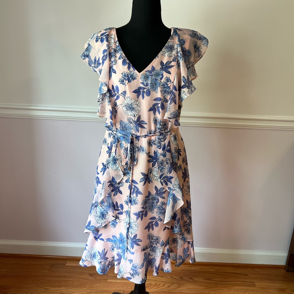 Tommy Hilfiger Blue and Pink V-Neck Flutter Sleeve Midi Dress